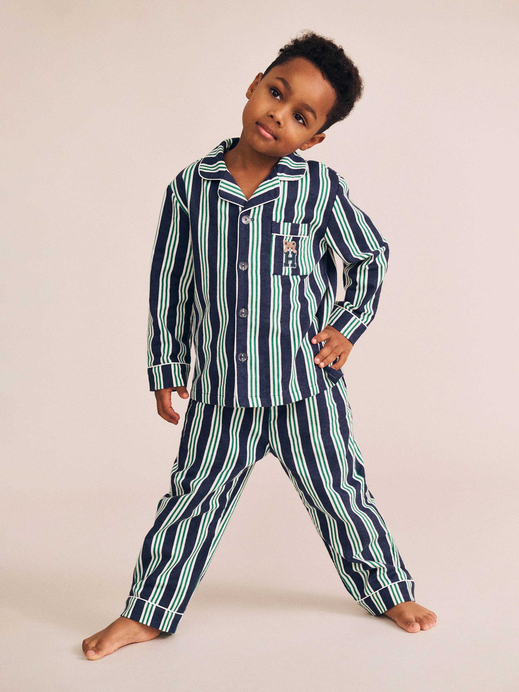 Huxbaby classic stripe flannel pj set navy/emerald stripe