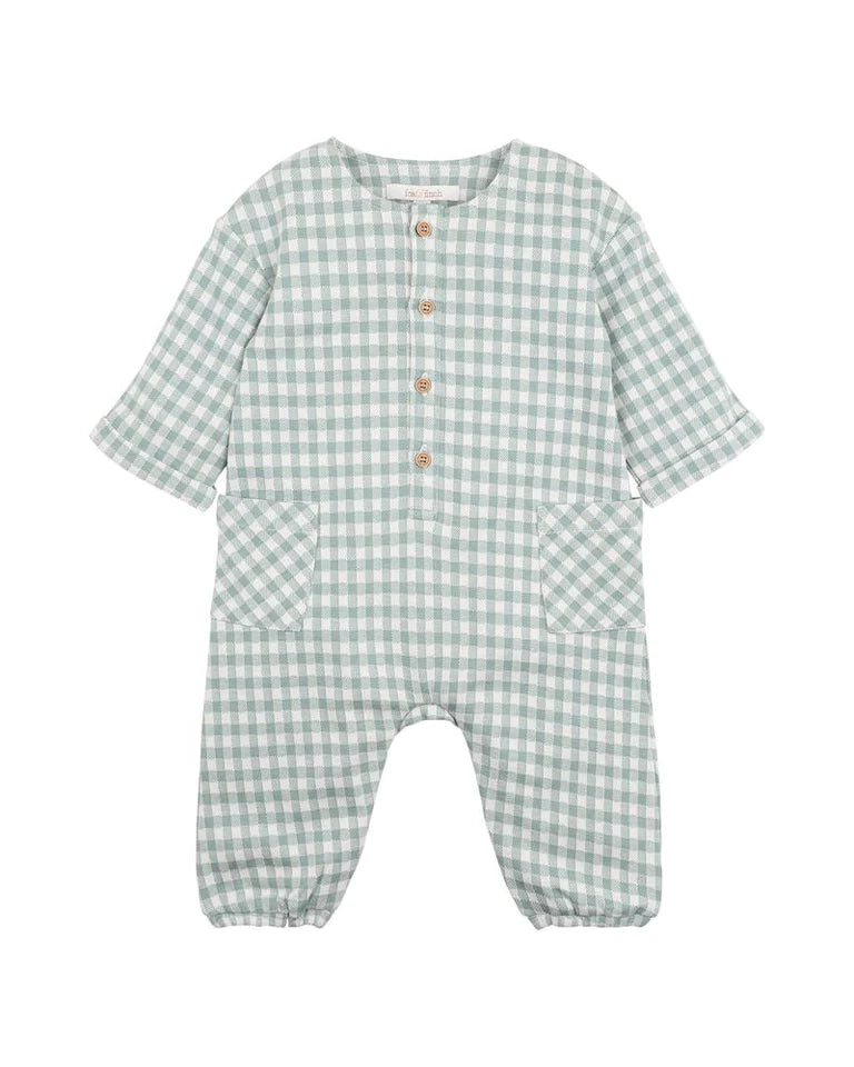 Fox & Finch bug green check romper in green