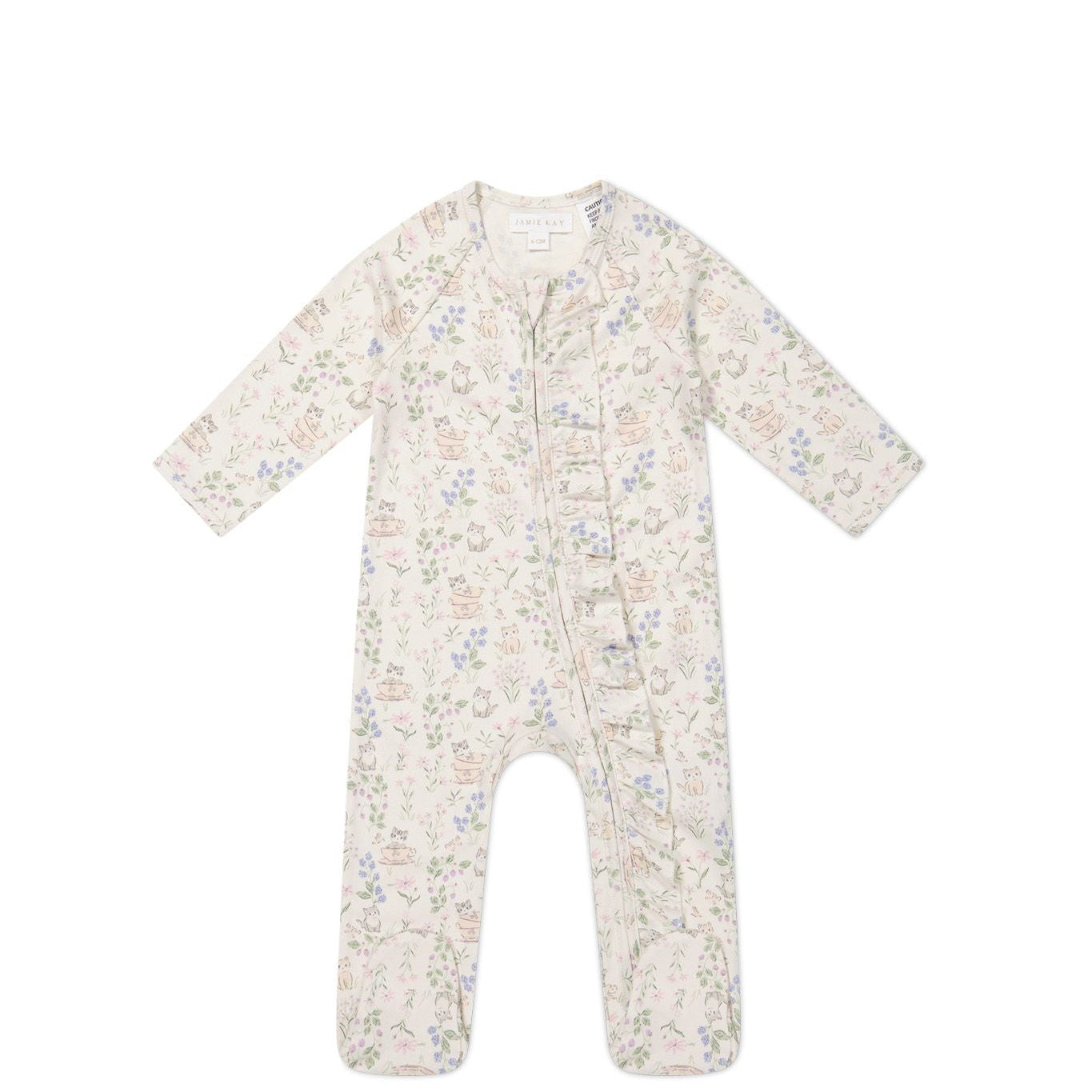 Jamie Kay Organic Cotton Melanie Onepiece LS romper Moons Garden Lavender in Cream