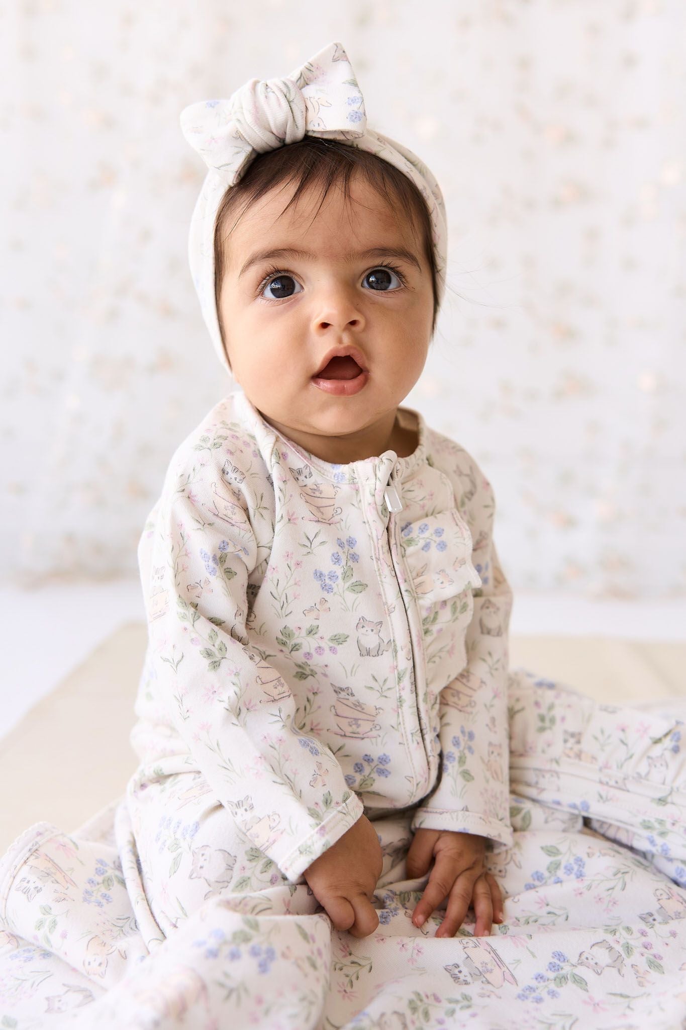 Jamie Kay Organic Cotton Melanie Onepiece LS romper Moons Garden Lavender in Cream
