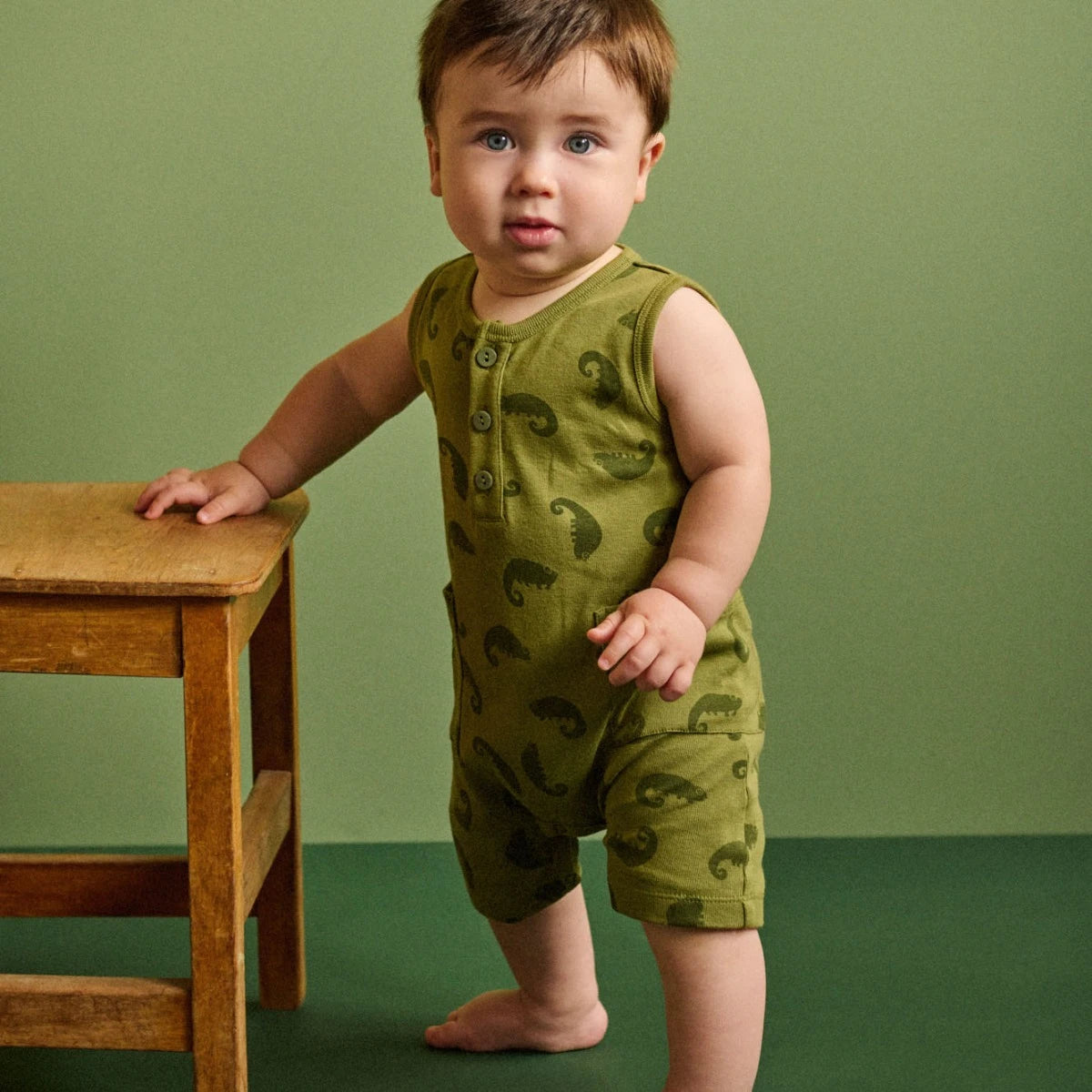 Nature Baby Chameleon Print Camper Suit in Green