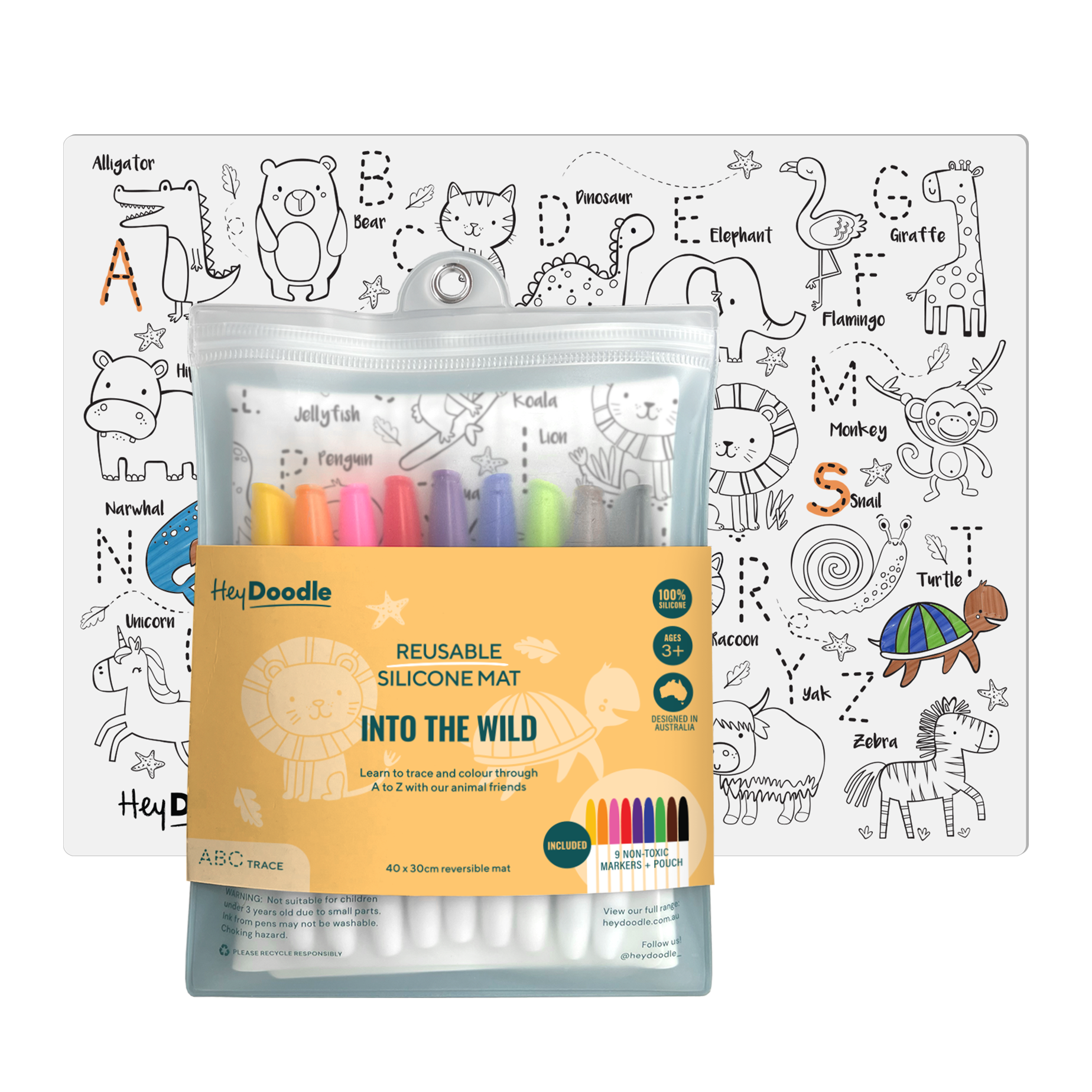 Hey Doodle reusable silicone placemat - ABC into the wild
