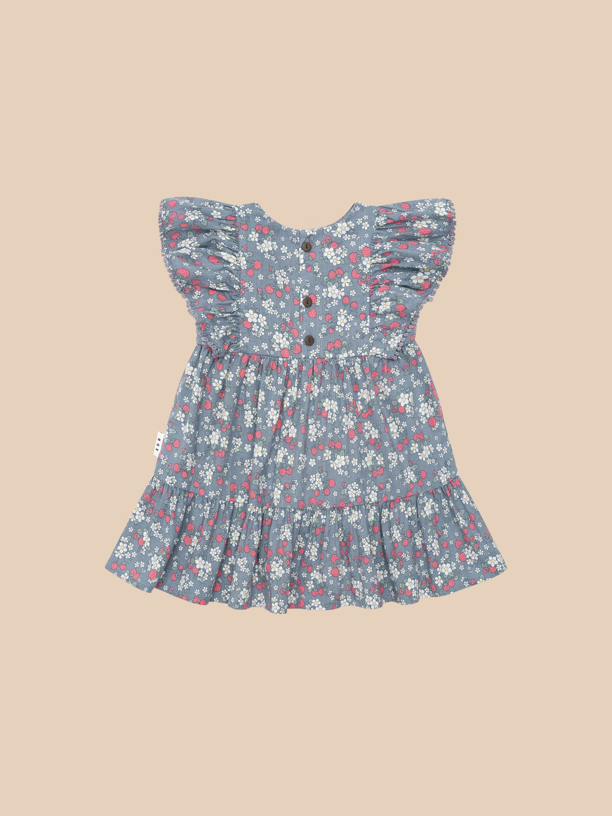 Huxbaby Vintage Strawberry Frill Dress Dusty Blue in Multi