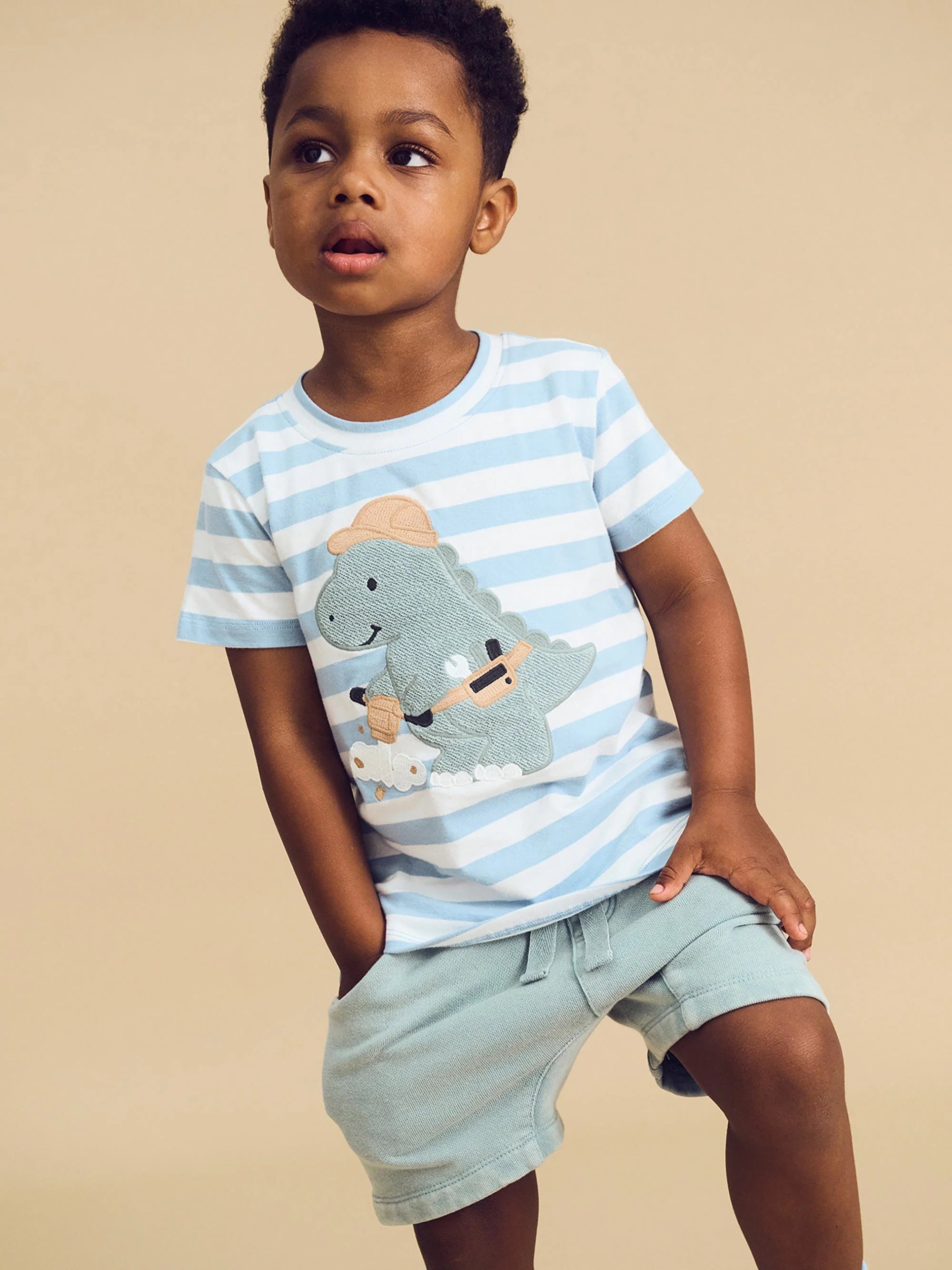 Huxbaby Construction Dino Stripe T-Shirt Marine Blue/Almond Milk in Multi