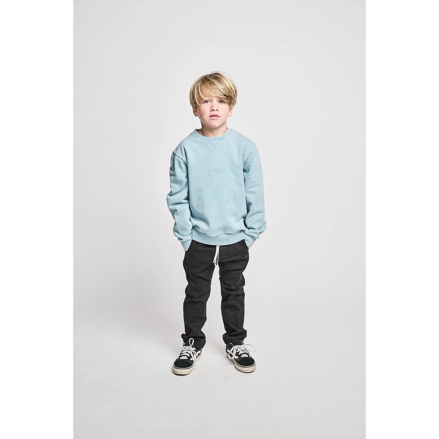 Munster Kids branded crew in mineral blue