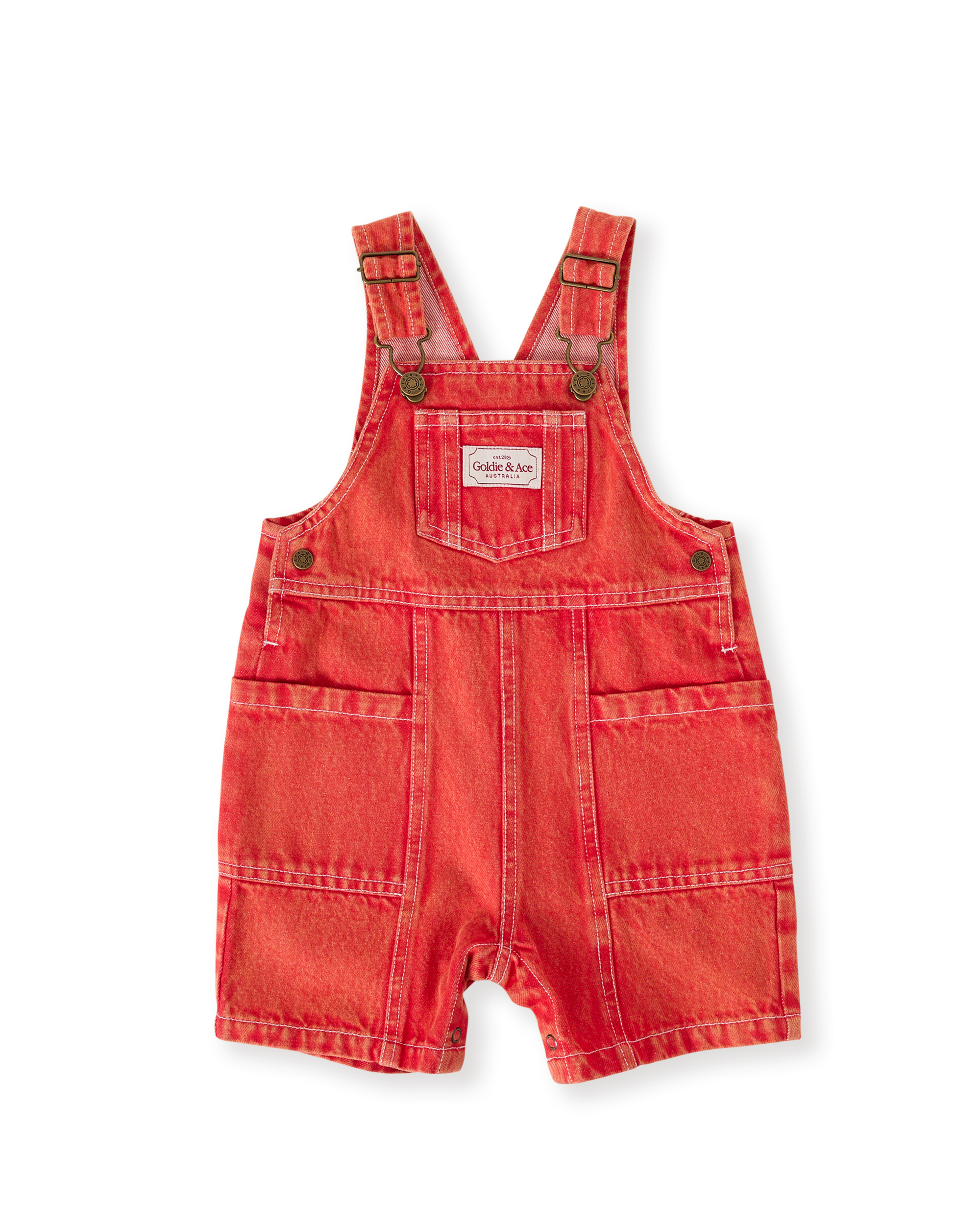 Goldie & Ace burton vintage washed denim pocket overalls apple red