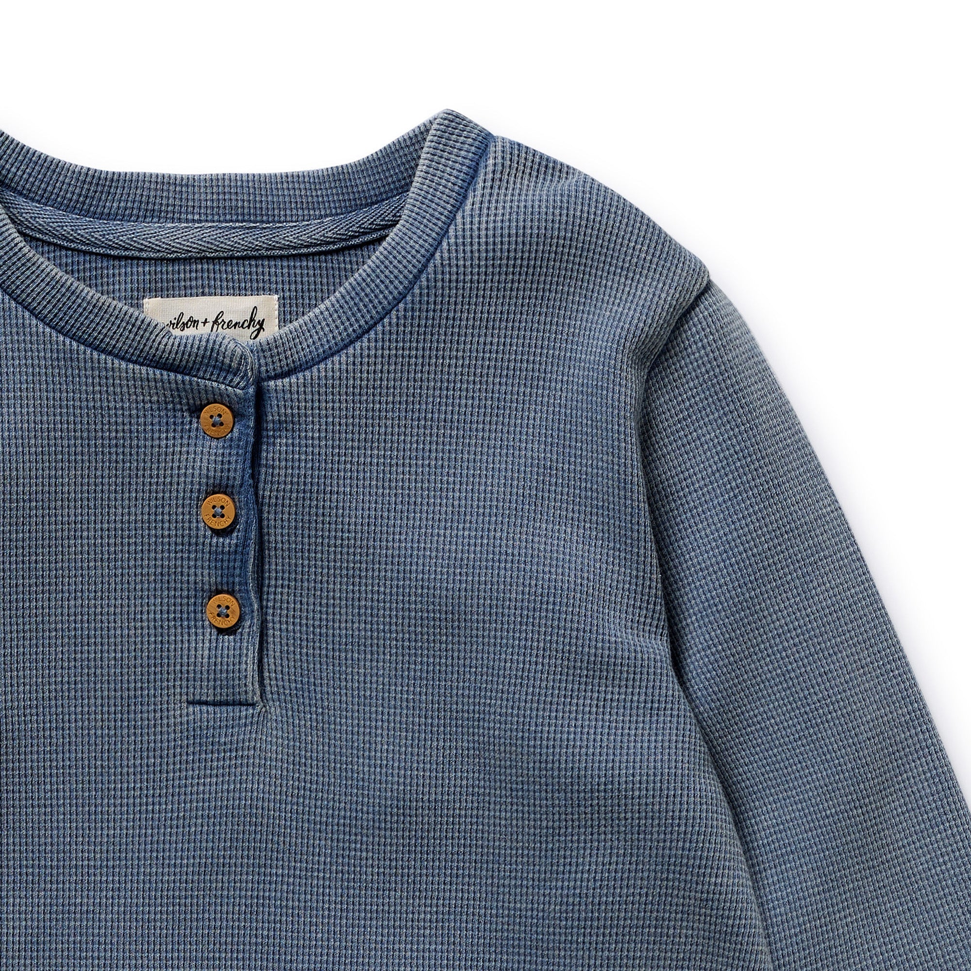 Wilson & Frenchy organic waffle henley pyjamas in twilight blue