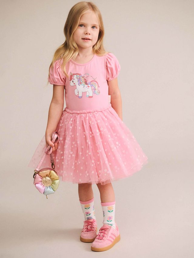 Huxbaby Magical Unicorn Puff Slv Tulle Dress - Strawberry Creme
