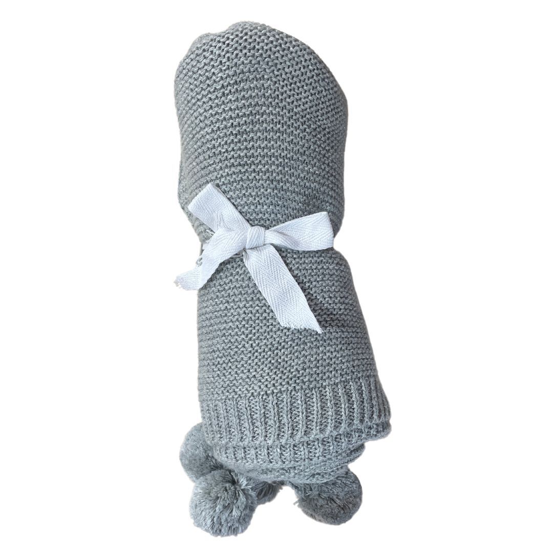 es kids knitted pom pom baby blanket grey 70x100cm