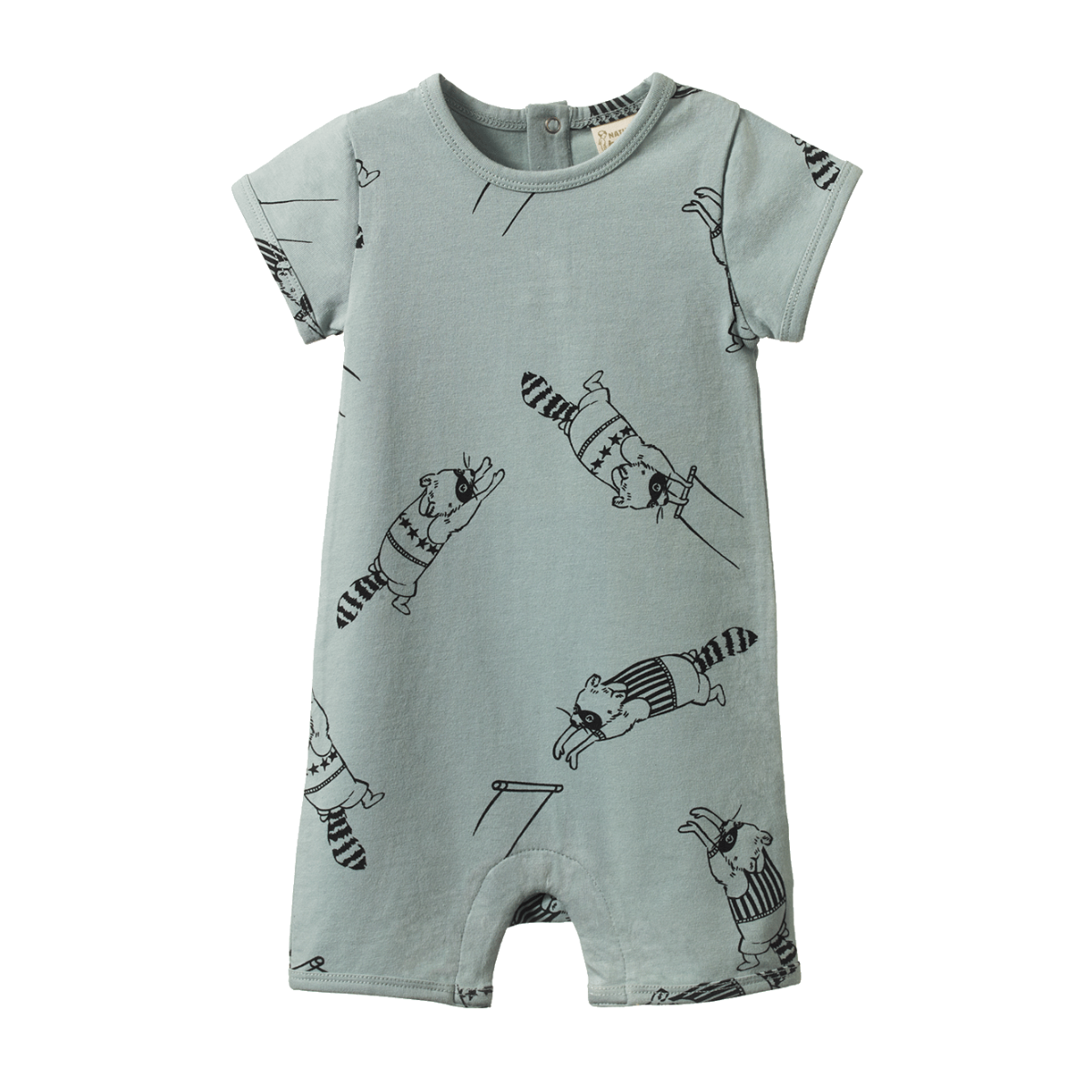 Nature Baby Short Sleeve Quincy Romper in Raccoon Rhapsody Print