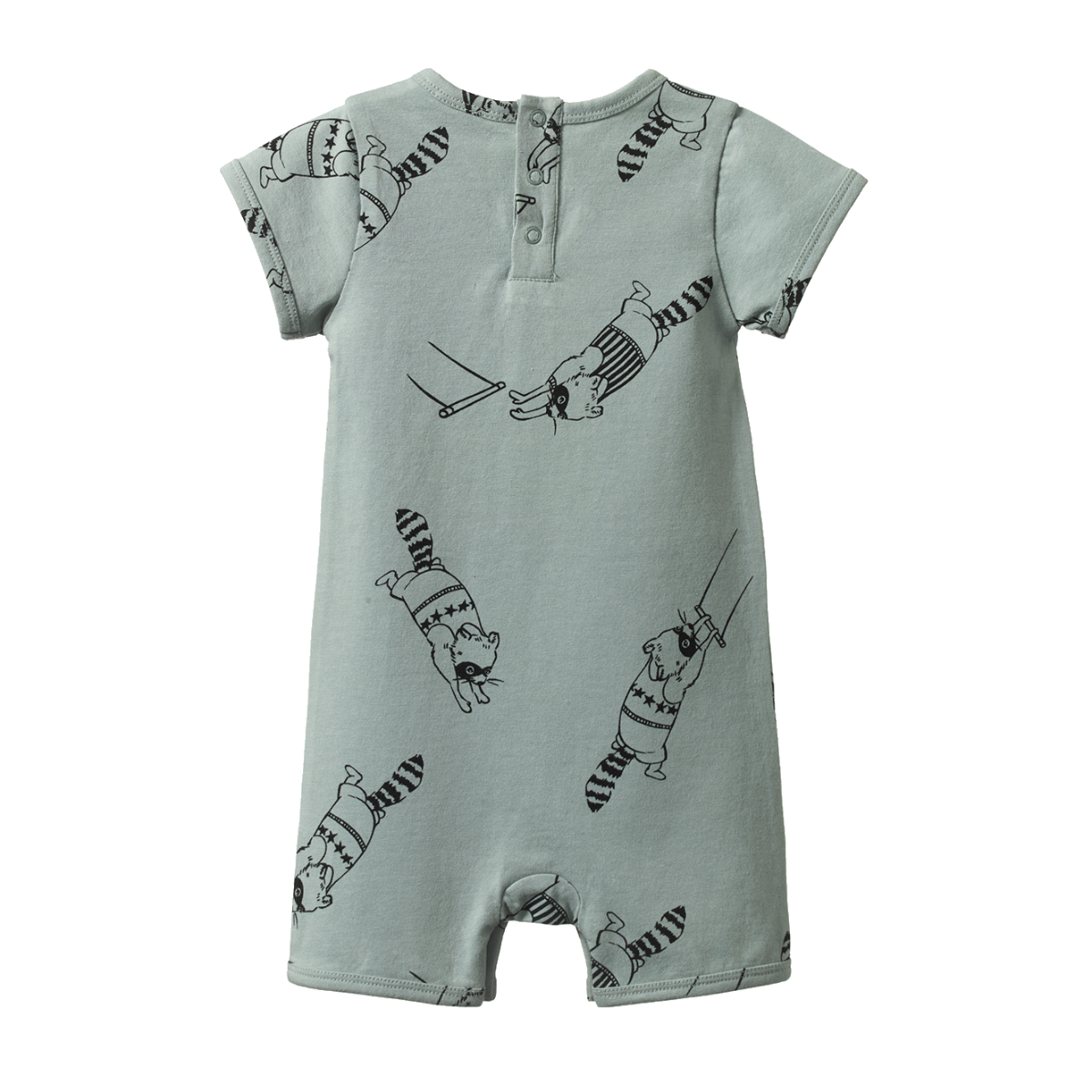 Nature Baby Short Sleeve Quincy Romper in Raccoon Rhapsody Print