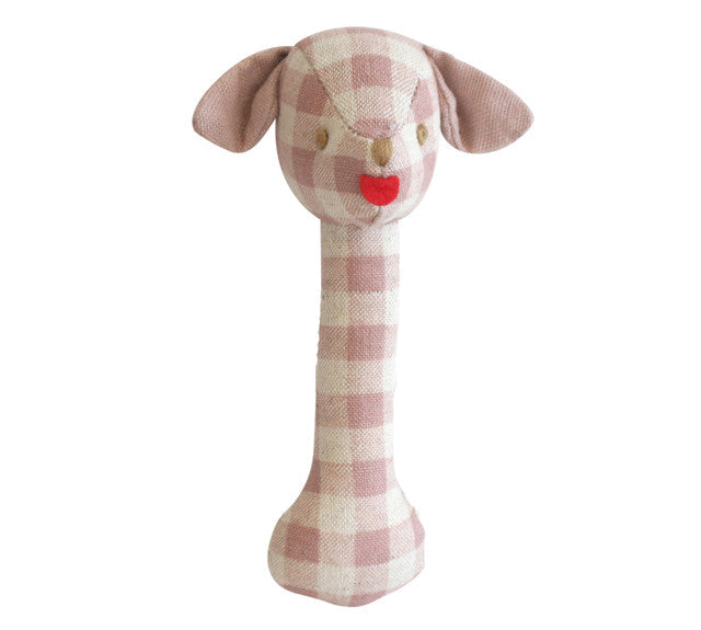 Alimrose Puppy Stick Rattle Rose Garden Check Linen