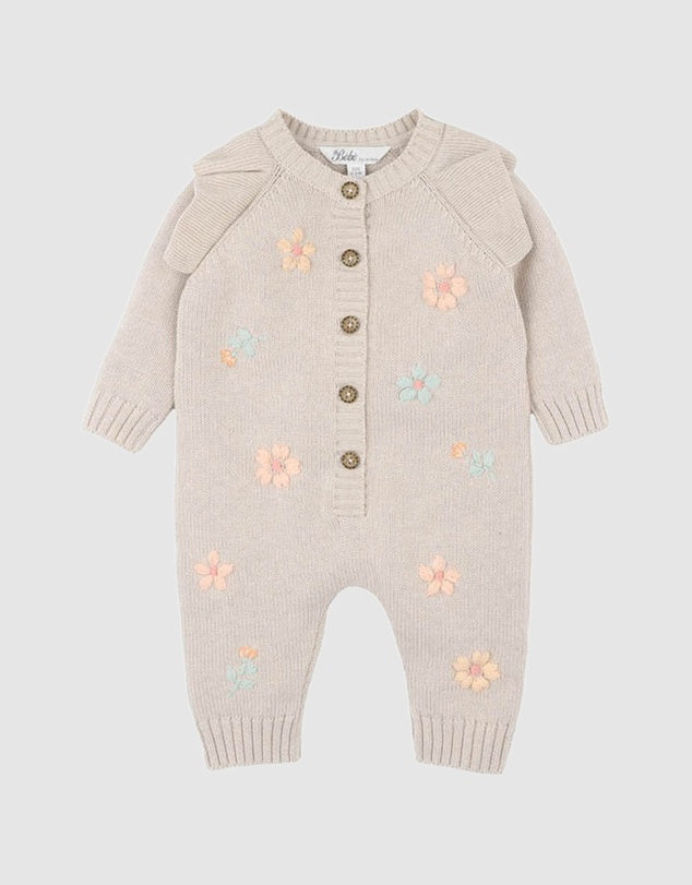 BEBE FERN HAND EMBROIDERED ORGANIC KNIT ROMPER