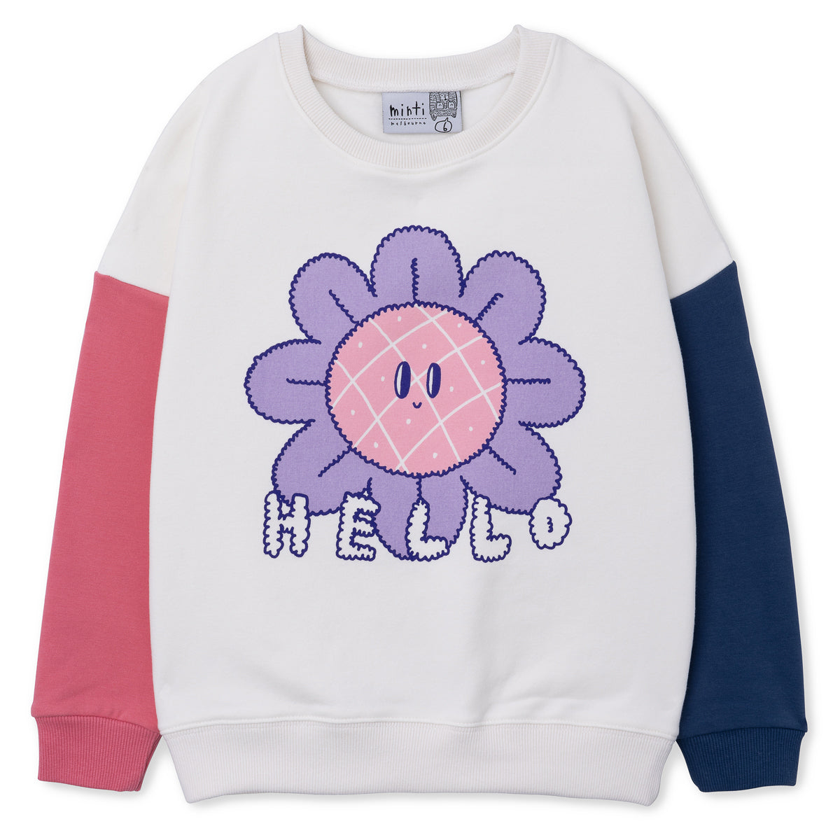 Minti hello bye flower furry crew in cream pink & navy