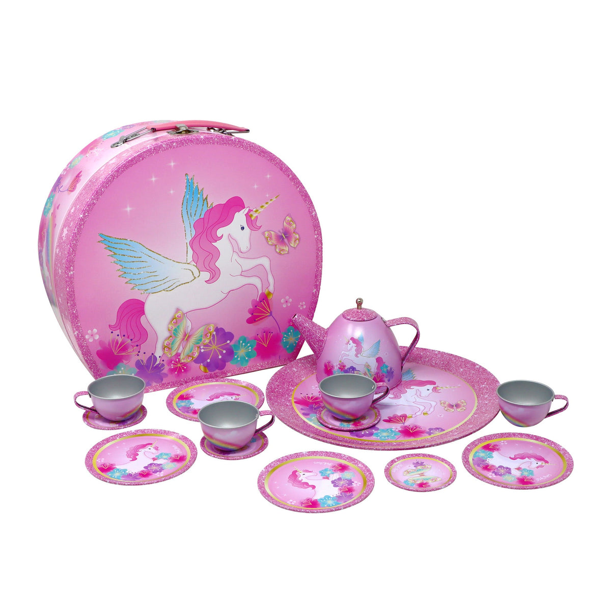 Pink Poppy Unicorn Rainbow 15 pc Tin Tea Set in Carry Case