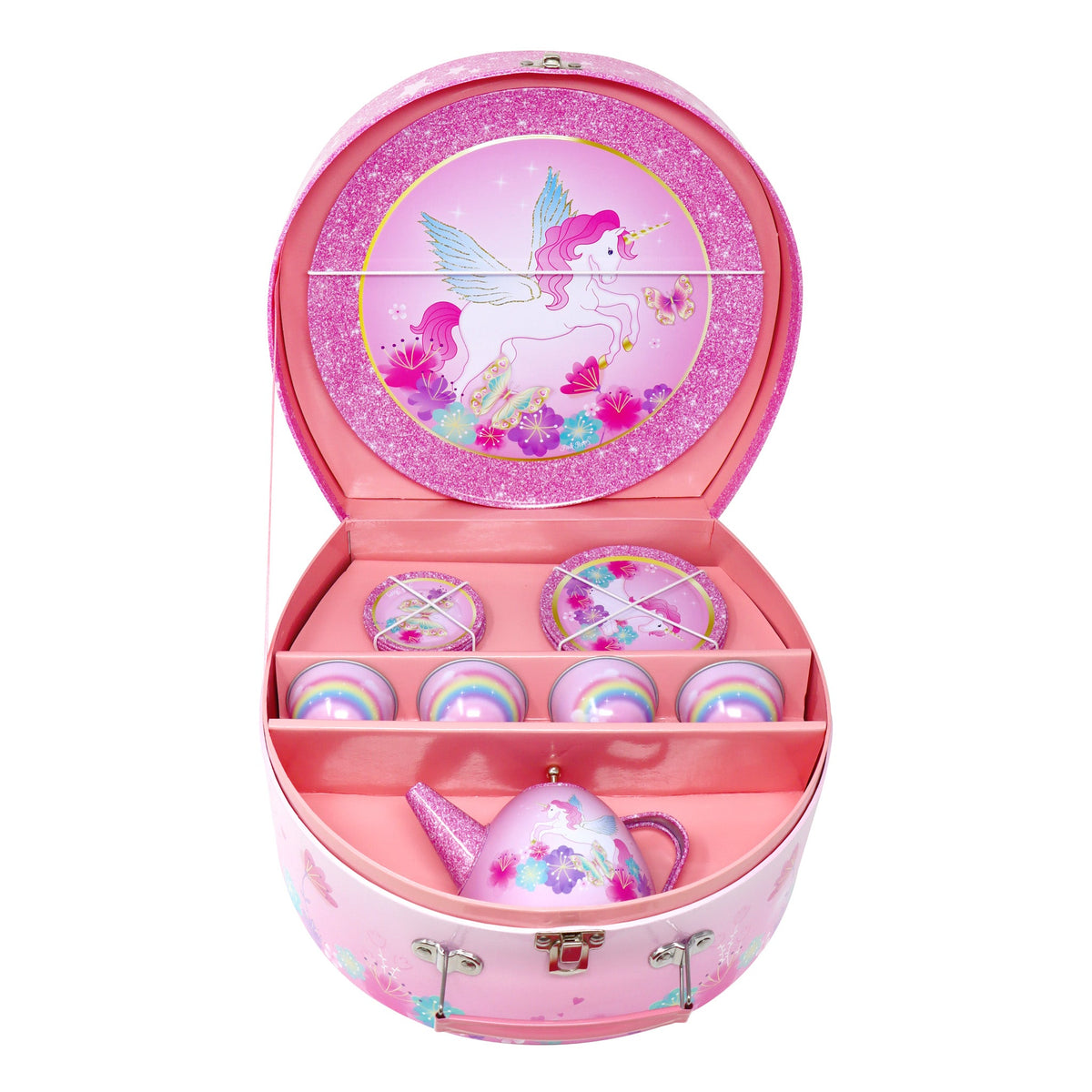 Pink Poppy Unicorn Rainbow 15 pc Tin Tea Set in Carry Case