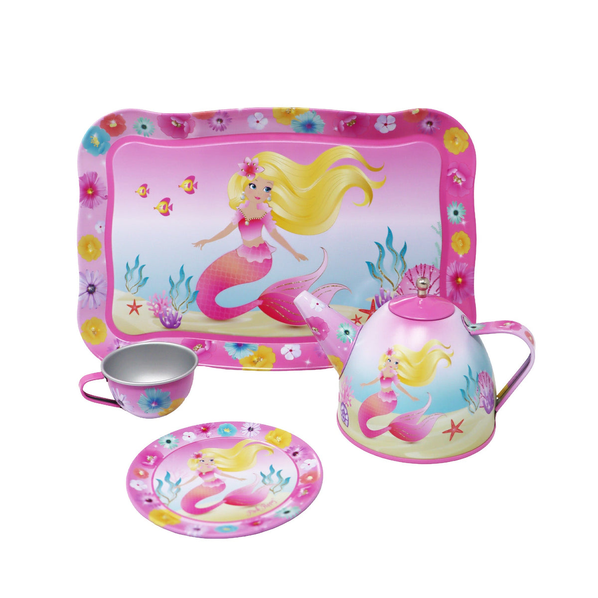 Pink Poppy Mermaid 15pc Tin Tea Set in Basket