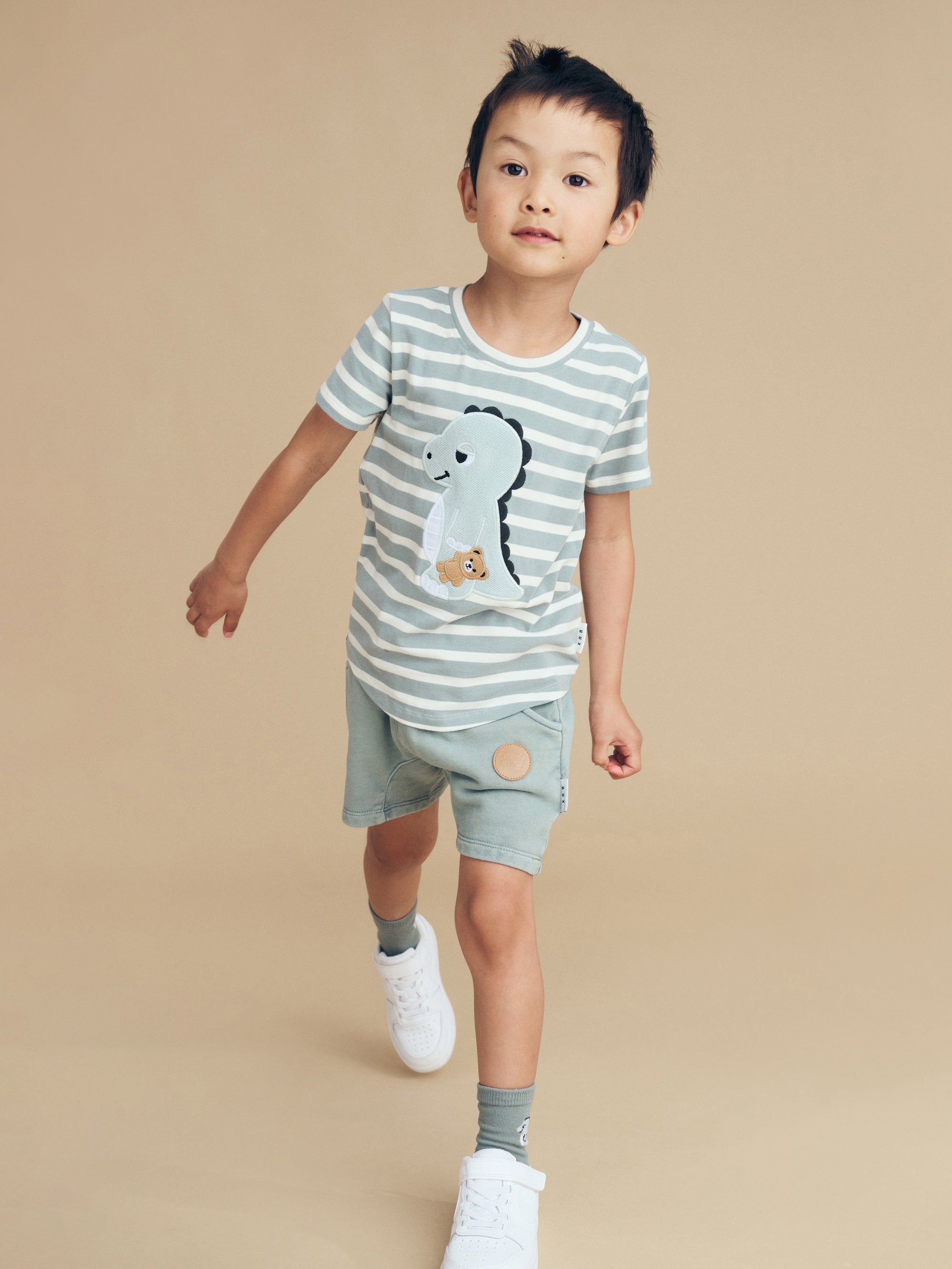 Huxbaby Dino Stripe T-Shirt Old Slate in Blue
