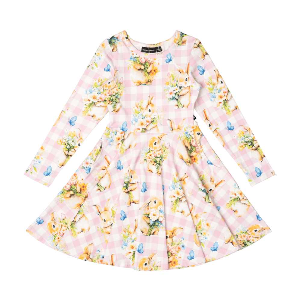Rock Your Baby Bunny Bouquet LS Waisted Dress in Pink/Cream Check