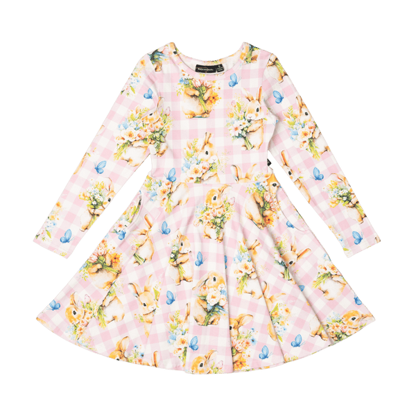 Rock Your Baby Bunny Bouquet LS Waisted Dress in Pink/Cream Check