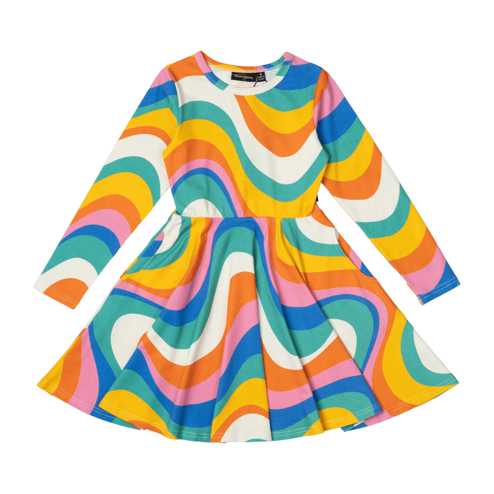Rock Your Baby into the groove LS Waisted Dress in rainbow
