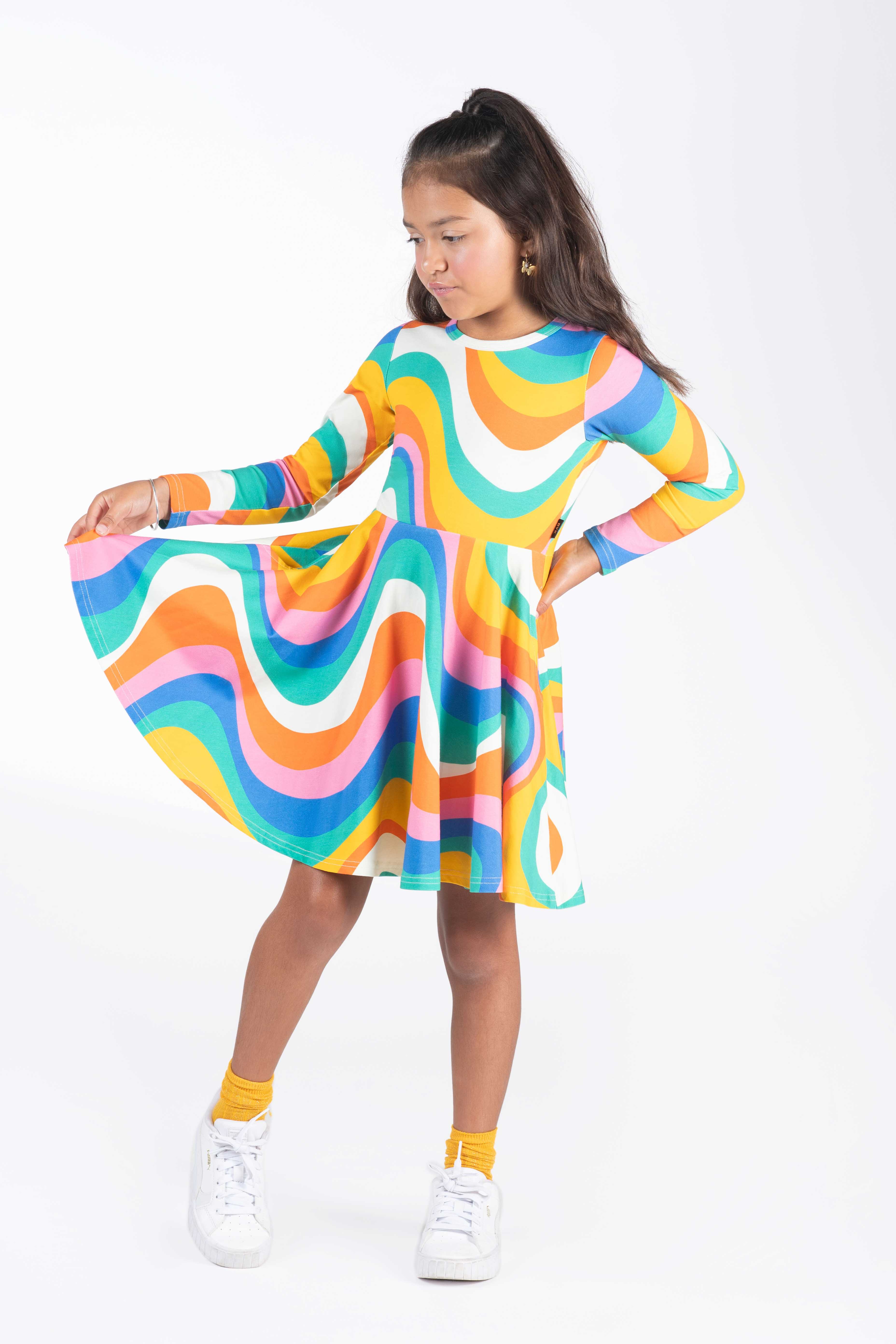 Rock Your Baby into the groove LS Waisted Dress in rainbow