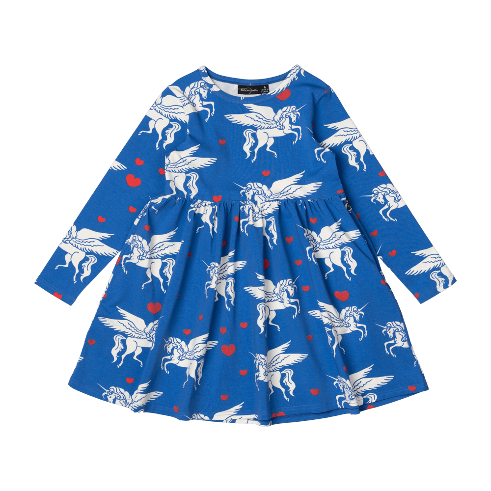 Rock Your Baby Les Licornes LS high waisted Dress in Blue