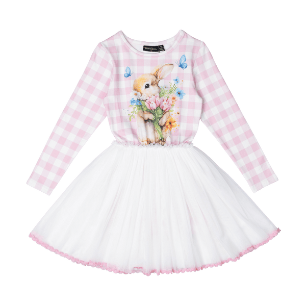 Rock your baby bunny bouquet LS circus dress in pink/cream check