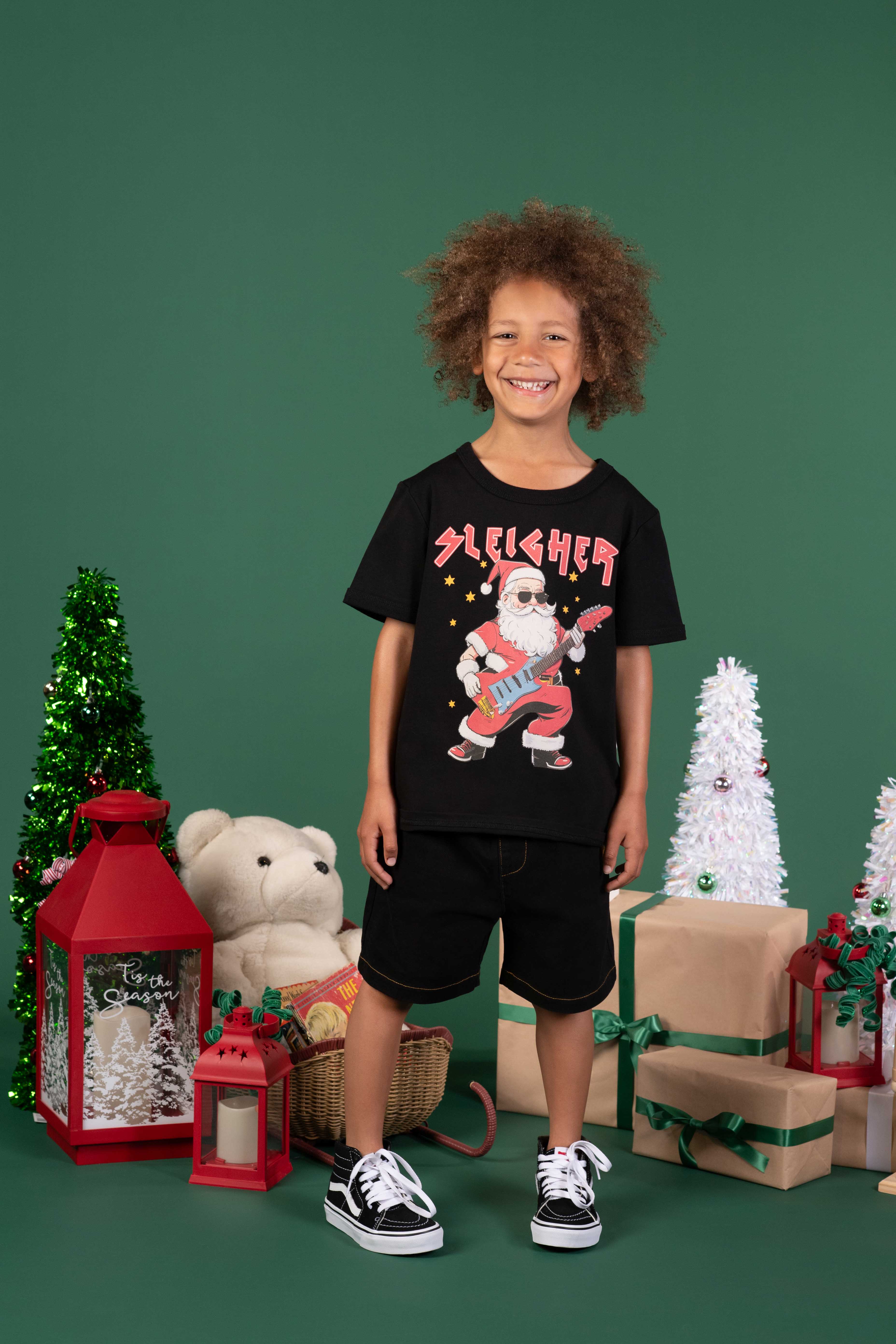 Rock Your baby Santa Sleigher Ringer Tee in Black