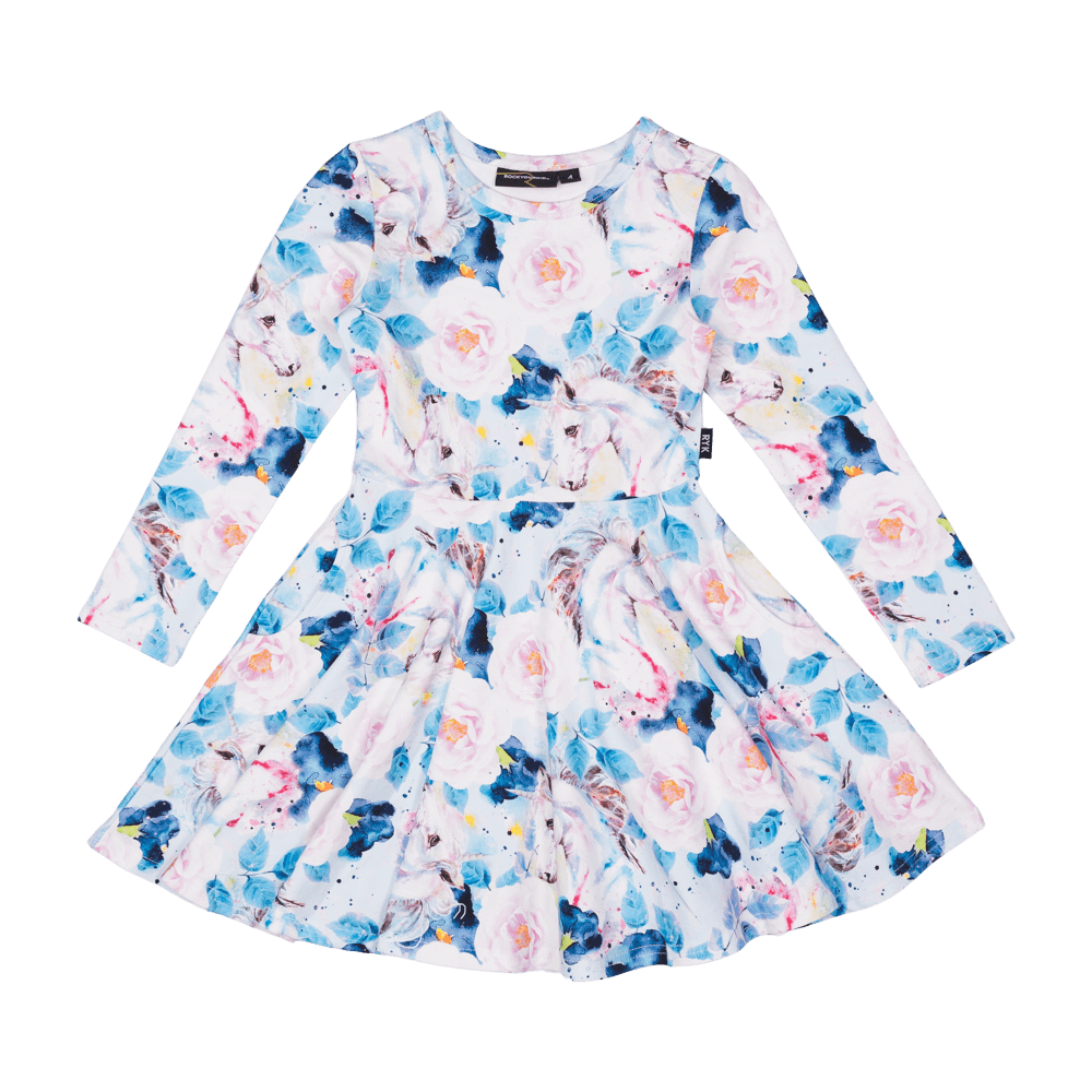 Rock your baby floral unicorn LS waisted dress in blue