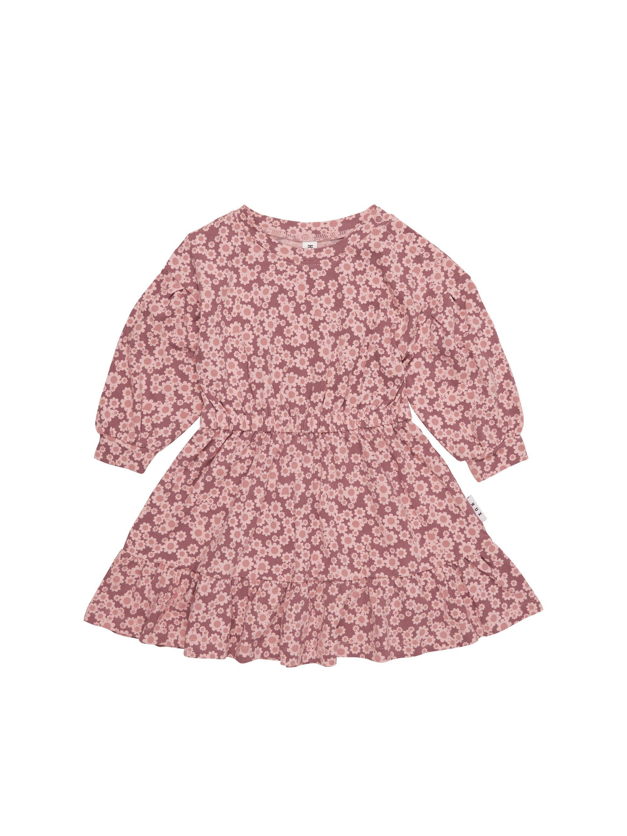 Huxbaby flower bear drop shoulder tuck dress dusty plum in purple