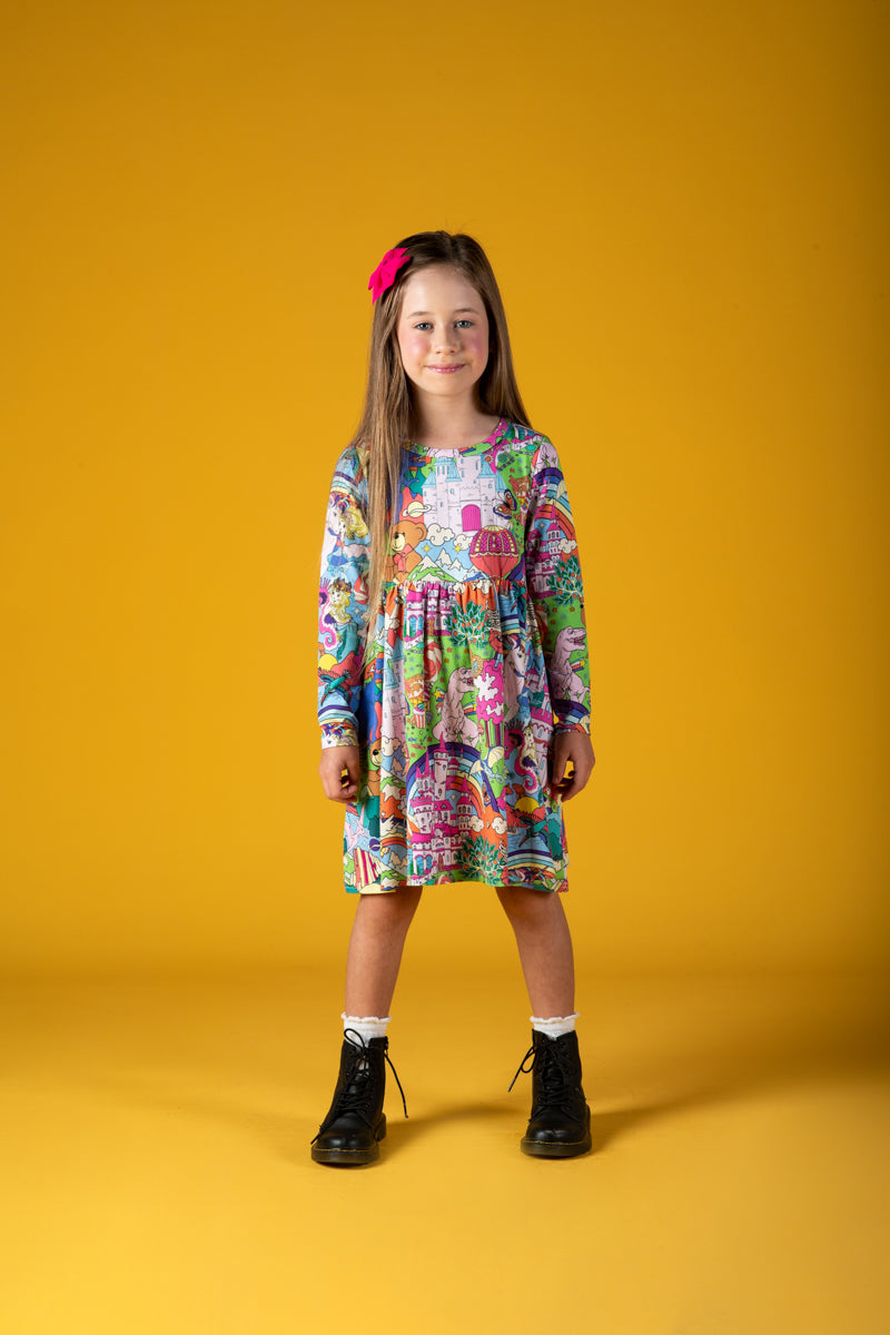 Rock Your Baby My Wonderland Long Sleeve Waisted Dress in Multi