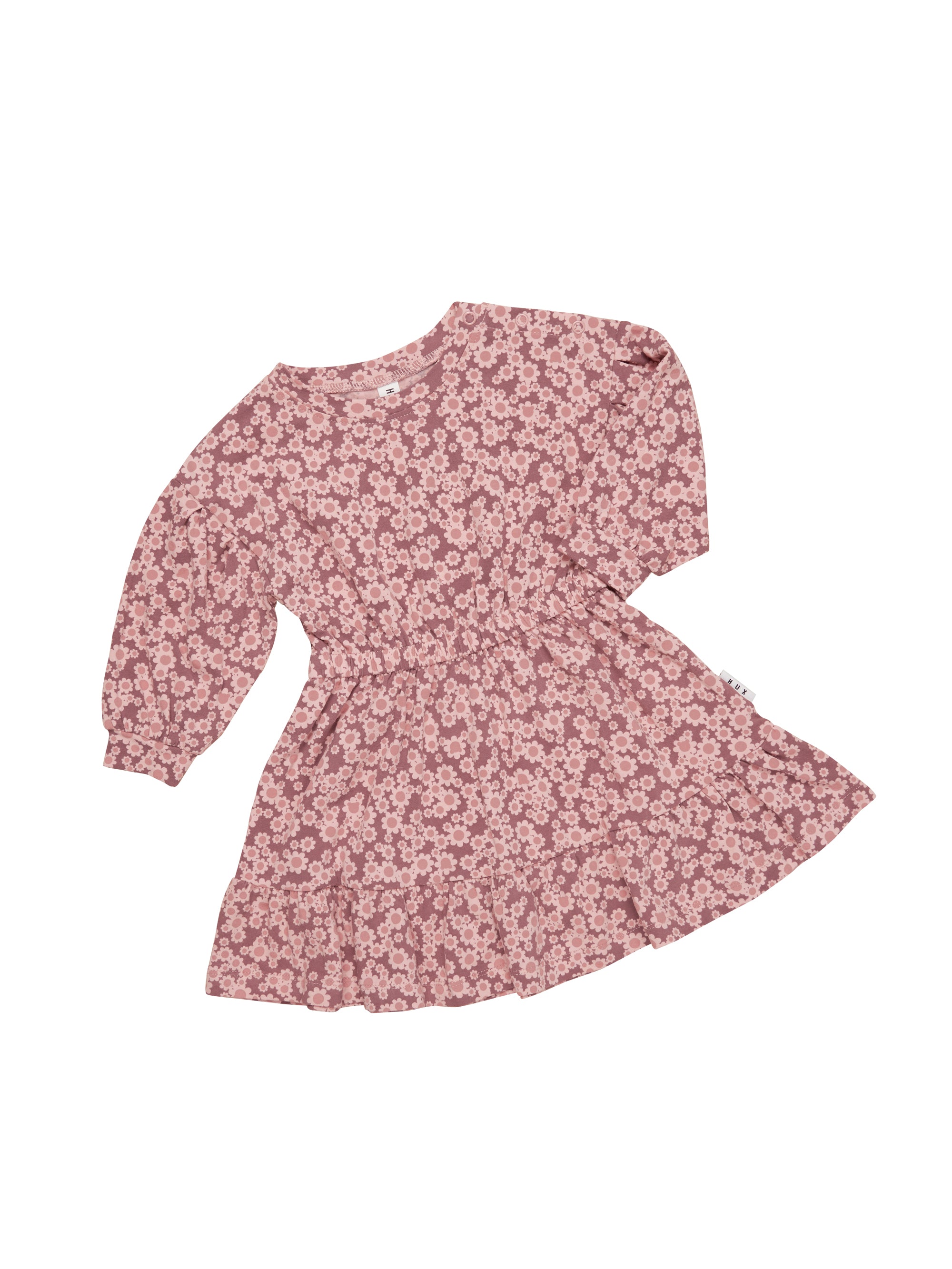 Huxbaby flower bear drop shoulder tuck dress dusty plum in purple