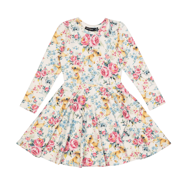 Rock your baby rose bunny LS waisted dress in multicolour