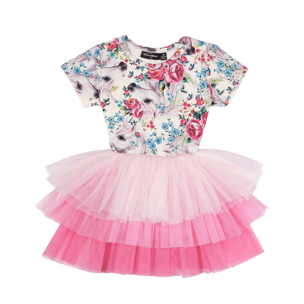 Rock Your Baby Unicorn Lullaby SS Tiered Circus Dress in Floral