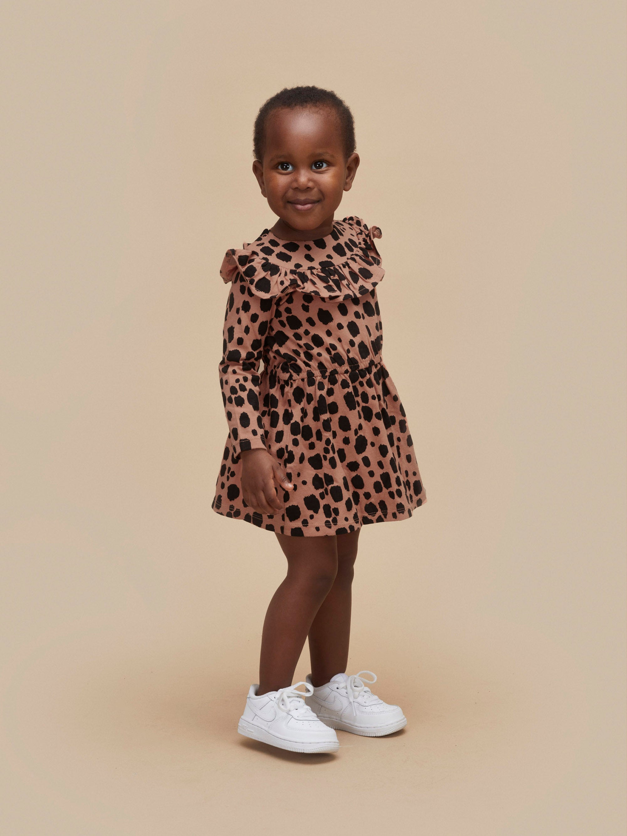 Huxbaby Ocelot Frill Neck Dress Terracotta in brown