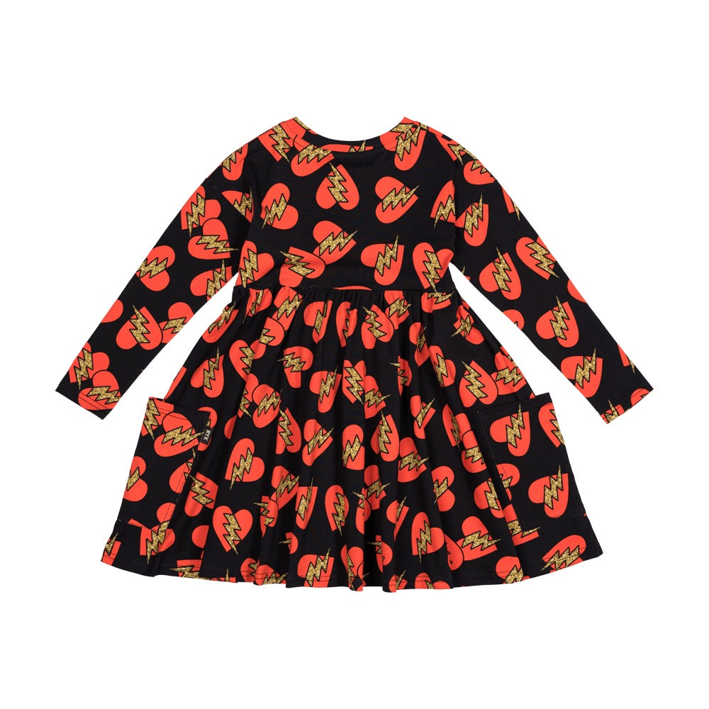 Rock your baby electric hearts LS dress in black & red