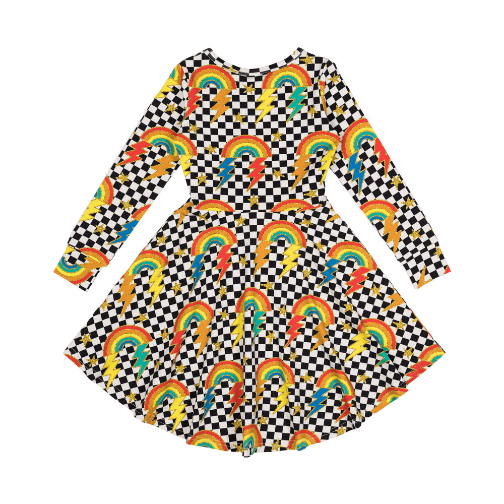 Rock your baby checkerboard rainbow LS waisted dress in multicolour