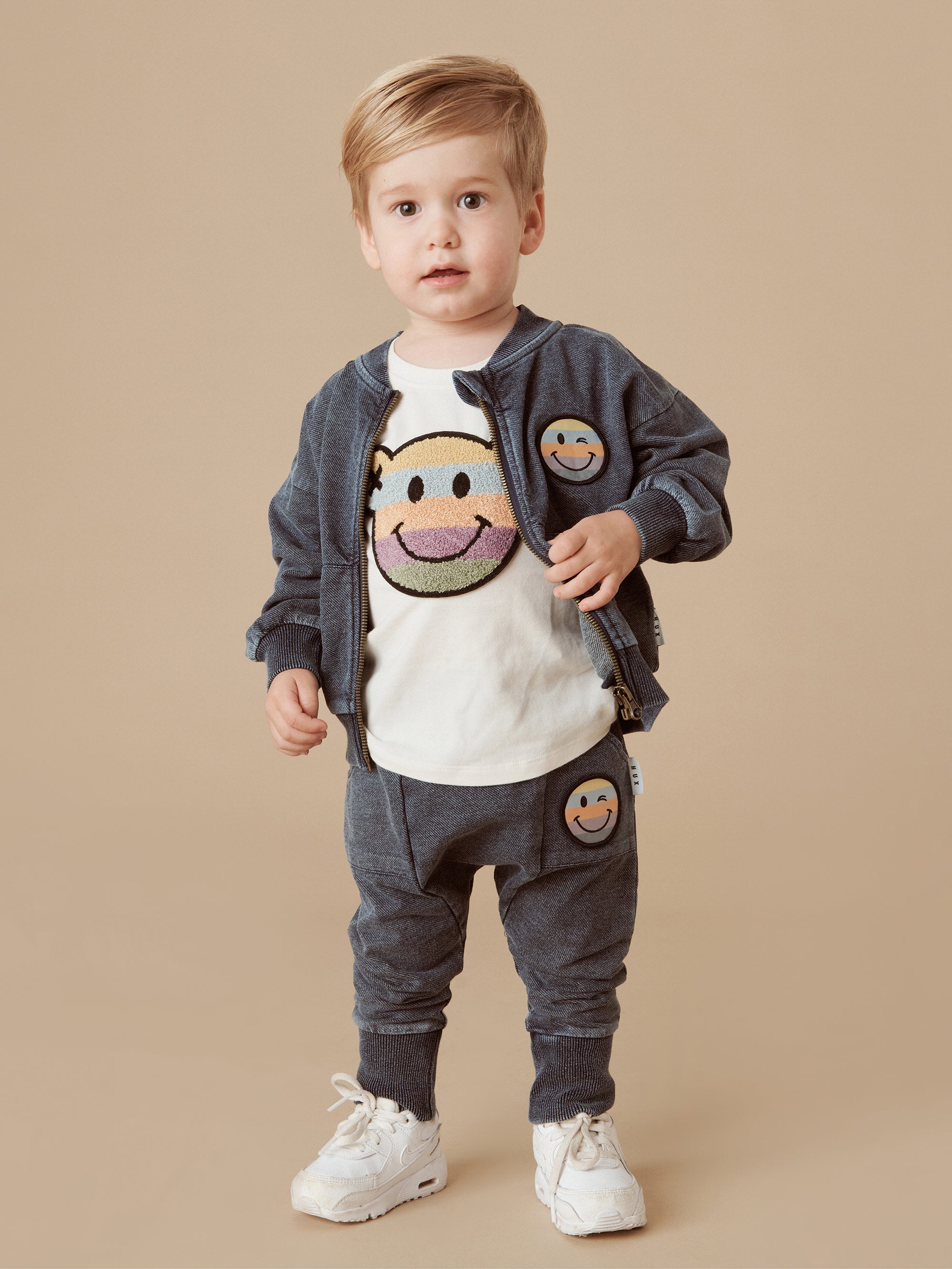 Huxbaby smiley pocket drop crotch pant in blue denim