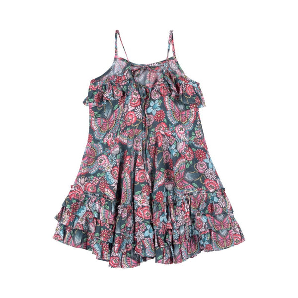 Paper Wings Frilled Dress with Ties - Tattoo Flowers in multi colour print