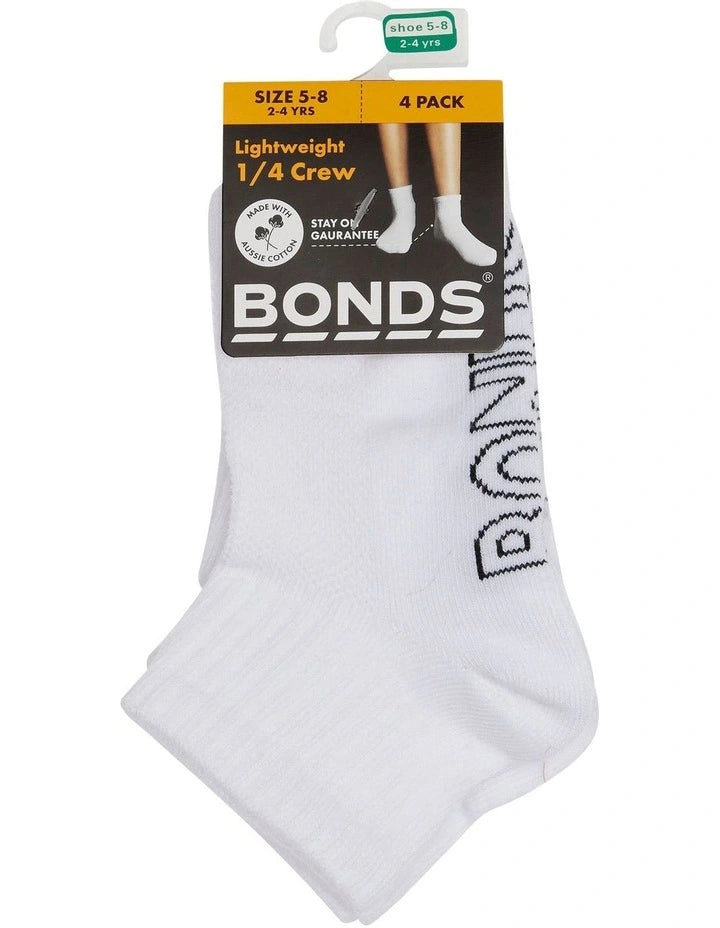 Bonds Kids Logo Light Quarter Crew Socks 4 Pack - White