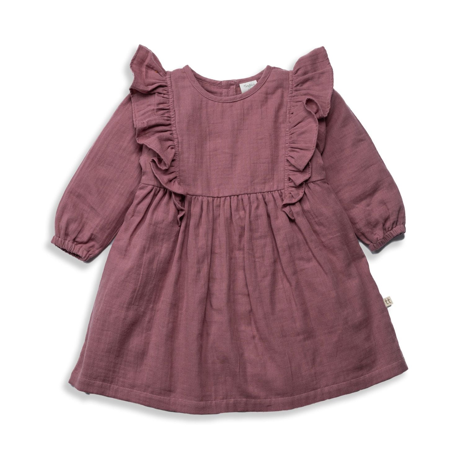 Tiny Twig Ruffle Dress Long Sleeve in Rose Crinkle