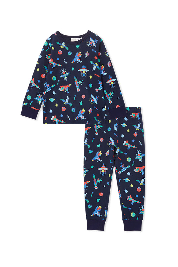 Milky Space Bunny Long Sleeve Pyjamas Midnight Blue in Multi