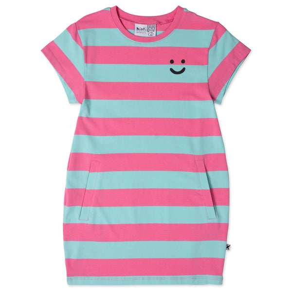 Minti Happy Face Tee Dress Candy/Teal Stripe in Pink & Green