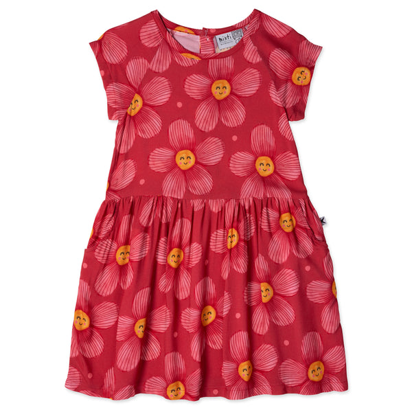 Minti Painted Flower Woven Dress Cherry in Pink