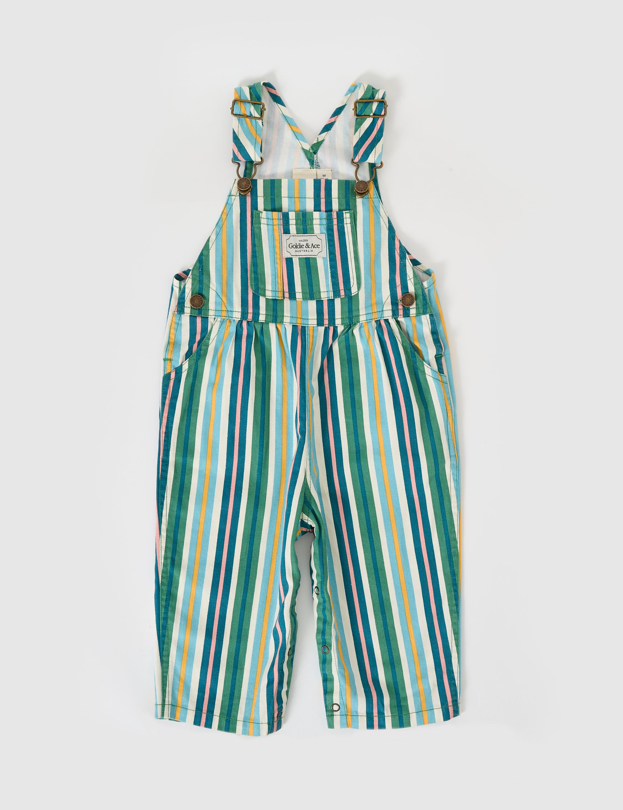 Goldie & Ace Austin Evergreen Stripe Denim Overalls in Evergreen Stripe