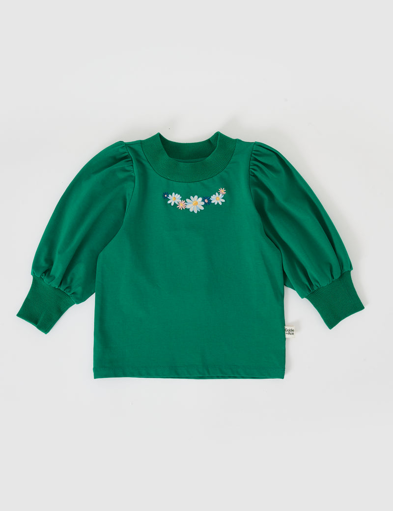 Goldie & Ace Eden Embroidered Puff Sleeve Top in Bottle Green