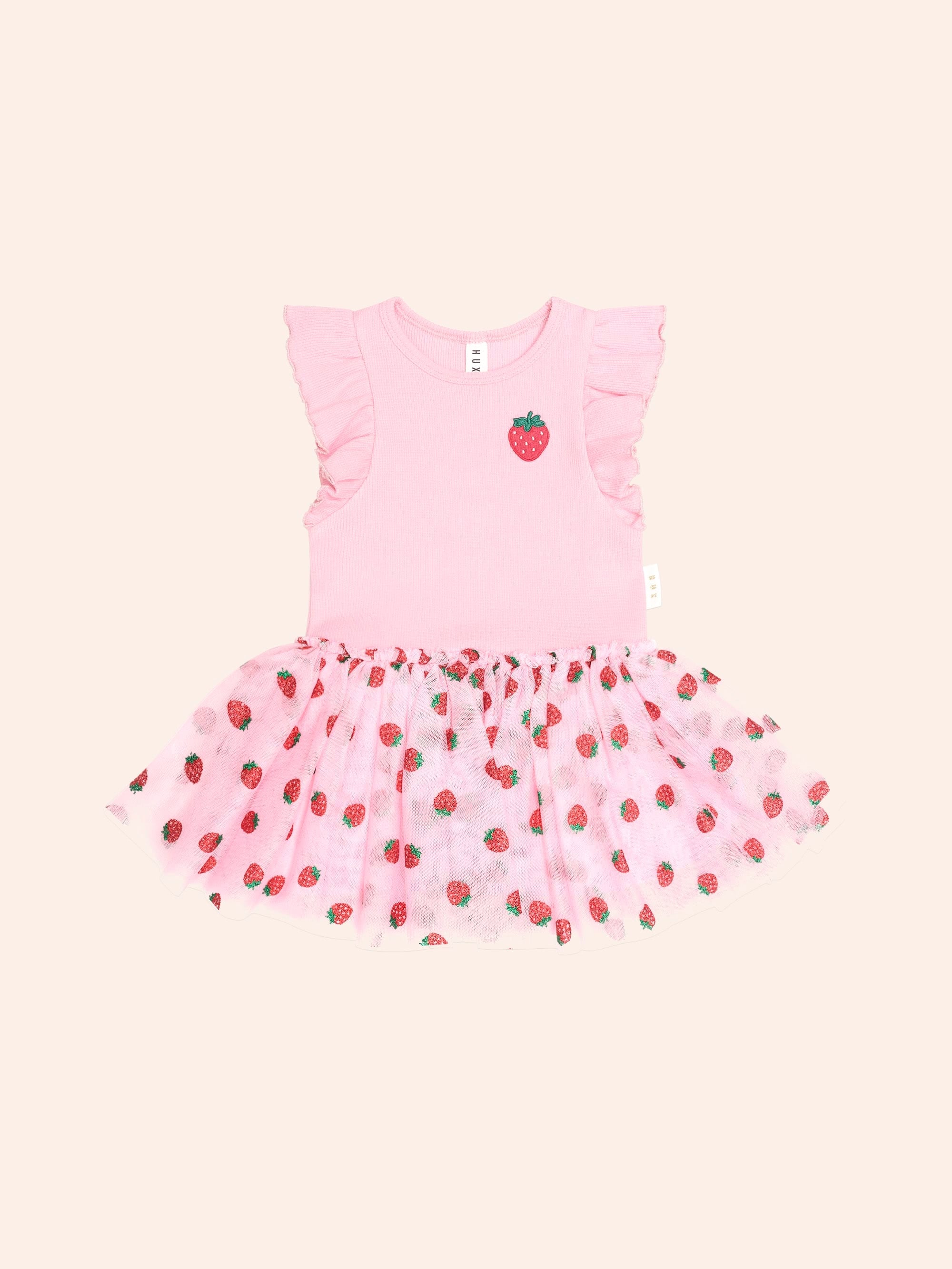 Huxbaby Strawberry Emb S/Slv Tulle Dress - Strawberry Crème