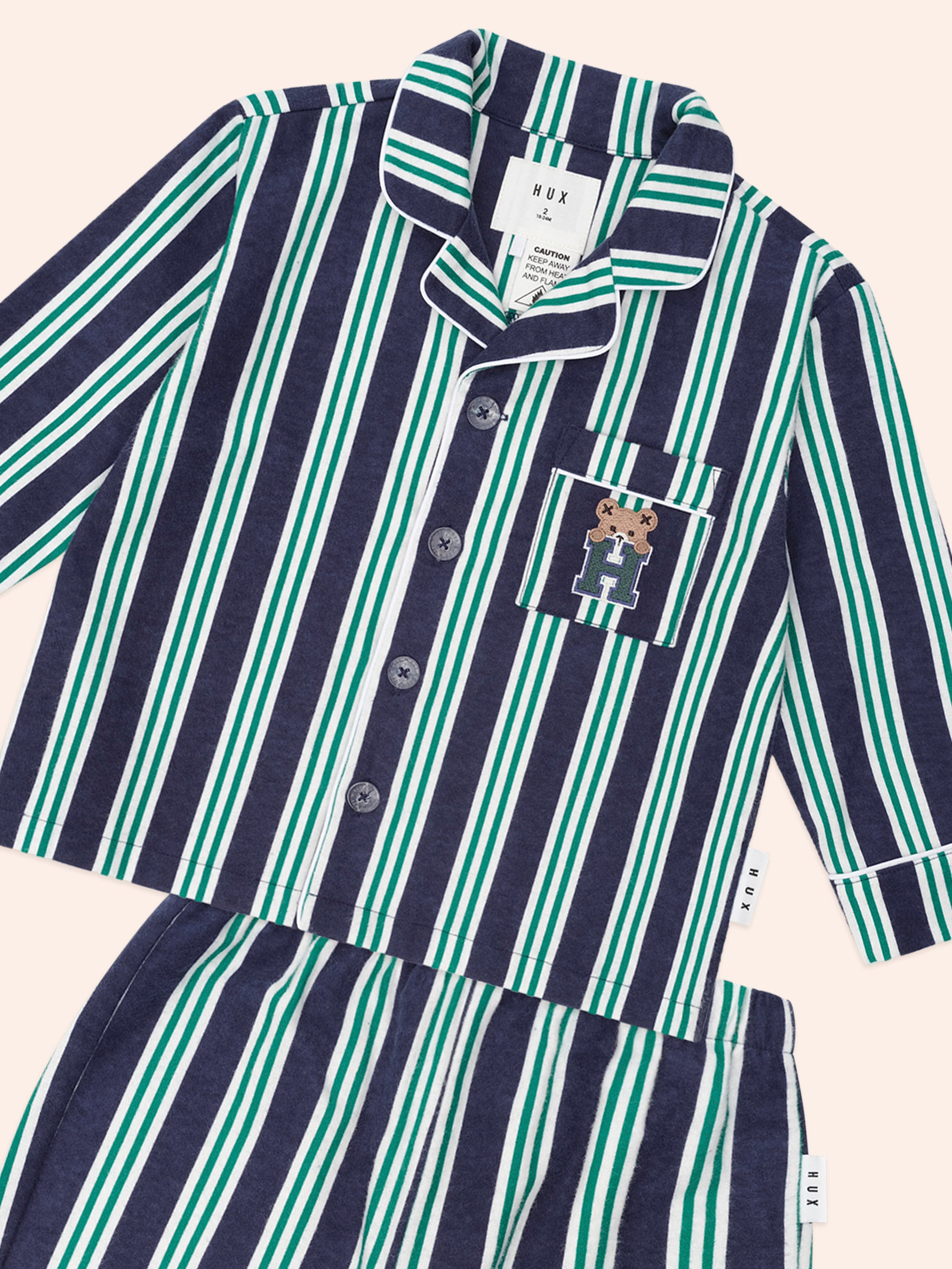 Huxbaby classic stripe flannel pj set navy/emerald stripe