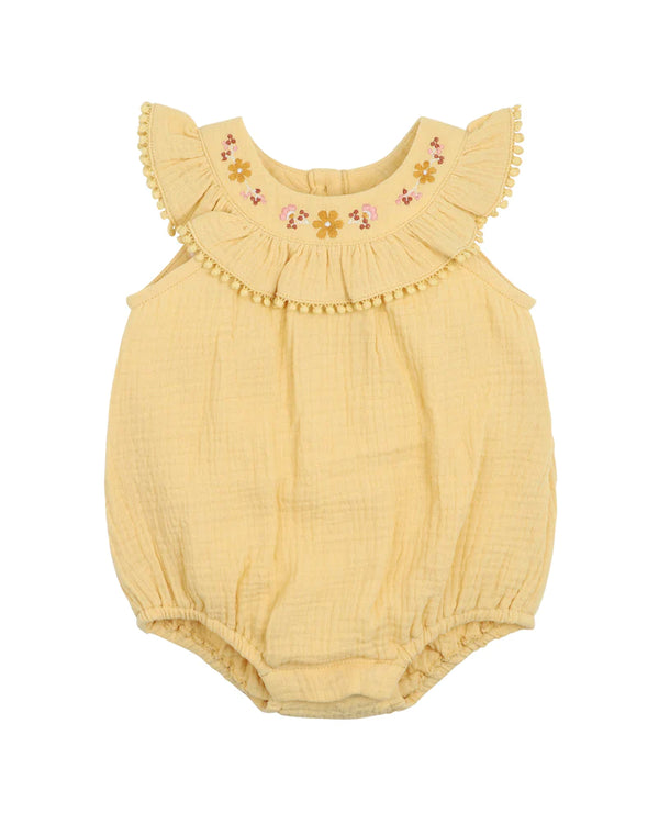 Bebe Hallie Crinkle Frill Bodysuit Mustard in Yellow